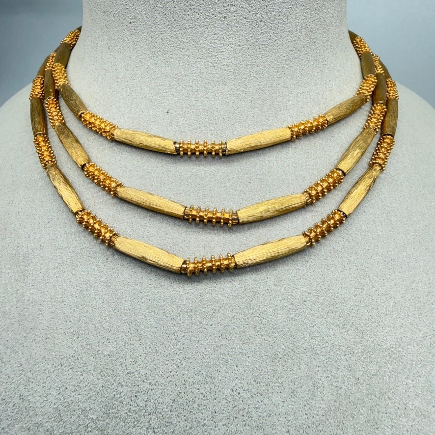Vintage Etruscan Revival Gold Tone Triple Strand Textured Bar Bead Necklace 15"